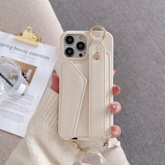 Beige Chic PU Leather Crossbody Wallet Case for iPhone 16 Pro - Card Holder with Detachable Strap & Finger Ring Grip