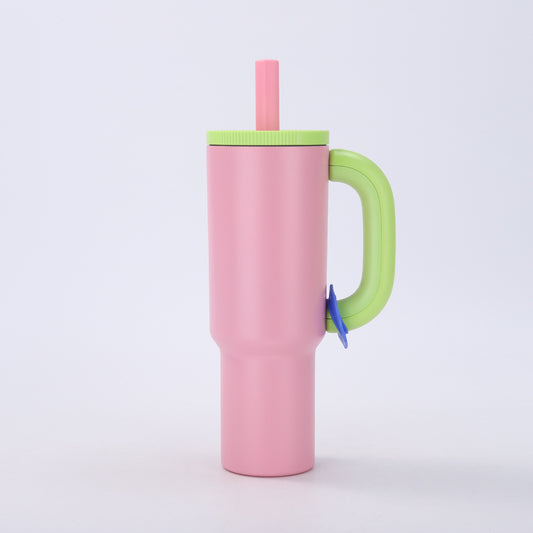 Pink 40oz Macron Stainless Steel Insulated Tumbler with Handle and Straw - 14.8 x 10.5 x 28 cm Large Capacity Car-Friendly Travel Mug