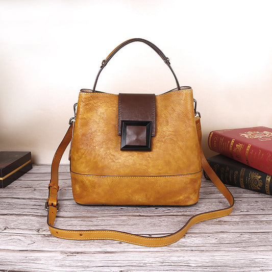 Vintage Yellow Leather Handbag - Elegant Multi-Functional Design