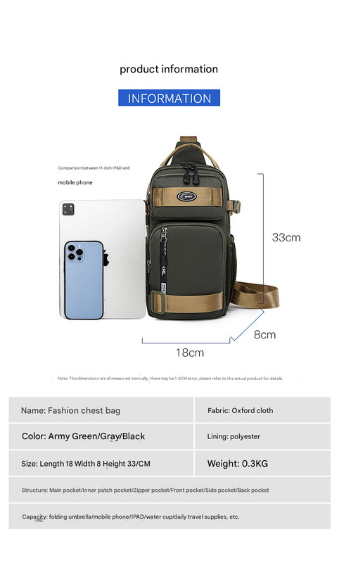 Grey Stylish Multi-Functional Men's Chest Bag - Lightweight Crossbody Sling Pack