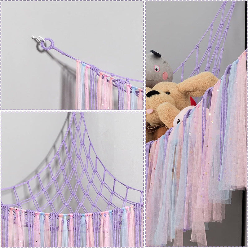 Purple Corner Plush Toy Organizer (100x100x150cm) with Ribbon Accent & Installation Kit - Handwoven Cotton Mesh Toy Storage Hammock