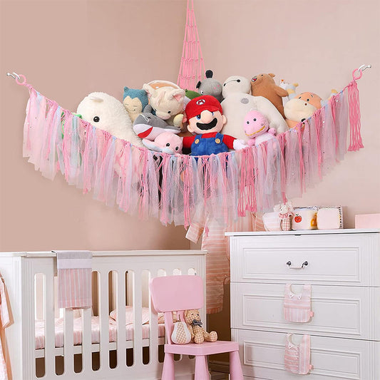 Pink Corner Plush Toy Organizer (100x100x150cm) with Ribbon Accent & Installation Kit - Handwoven Cotton Mesh Toy Storage Hammock