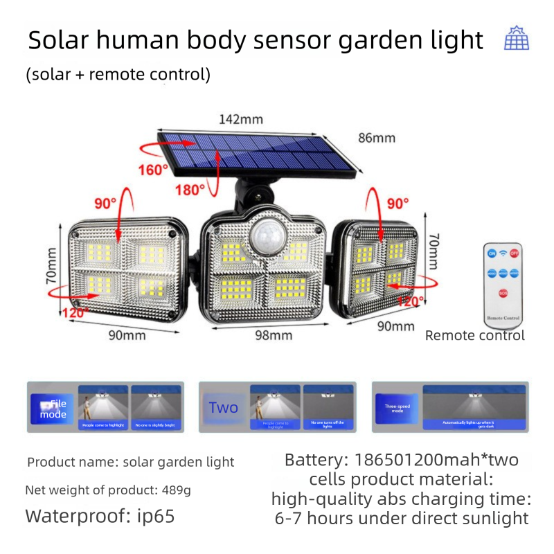 Solar Security Lights Outdoor Motion Sensor 122 LED - 3 Adjustable Heads Flood Light with Remote IP65 Waterproof for Garden & Garage