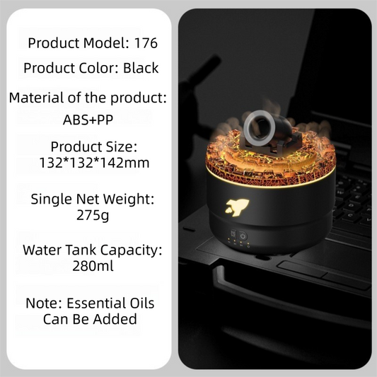 176 Black Simulation Turret Diffuser & Humidifier - Smart Timer Ultrasonic Mister with Volcano Lava Crack Shell and Colorful Light
