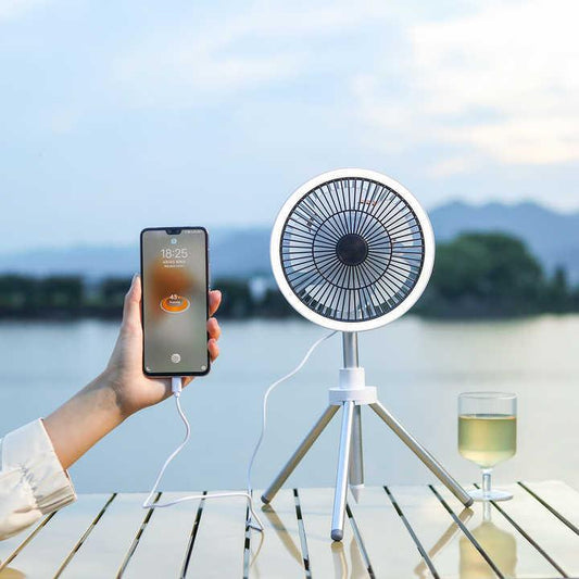 White Portable Outdoor Tripod Fan – USB Rechargeable Camping Fan with Remote Control, Folding & Adjustable for Outdoor Activities and Travel - Mekamart Australia