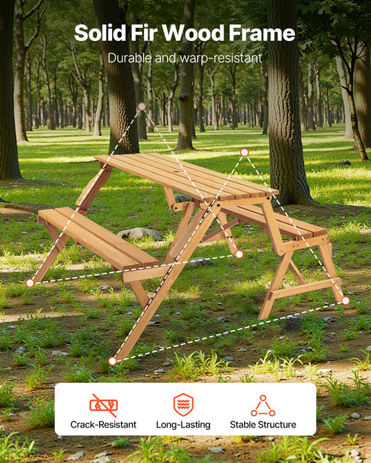 VEVOR 2-in-1 Transforming Interchangeable Picnic Table, Outdoor Wooden Table and Bench Set, Portable Foldable Bench with Umbrella Hole, Patio Dining Furniture for Garden, Backyard, Porch (Brown)