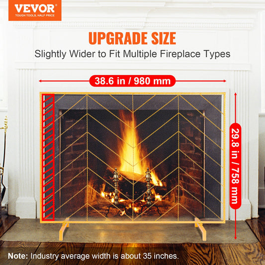 VEVOR 980x758MM Fireplace Screen 1-Panel Iron Mesh Spark Guard Modern Gold