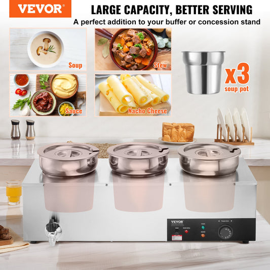 VEVOR Electric Soup Warmer, Three 7.4QT Stainless Steel Round Pot, 1200W Commercial Food Warmer, 30 - 85℃ Adjustable Temp, Bain Marie with Anti-Dry Burn and Reset Button, for Restaurant, Buffet
