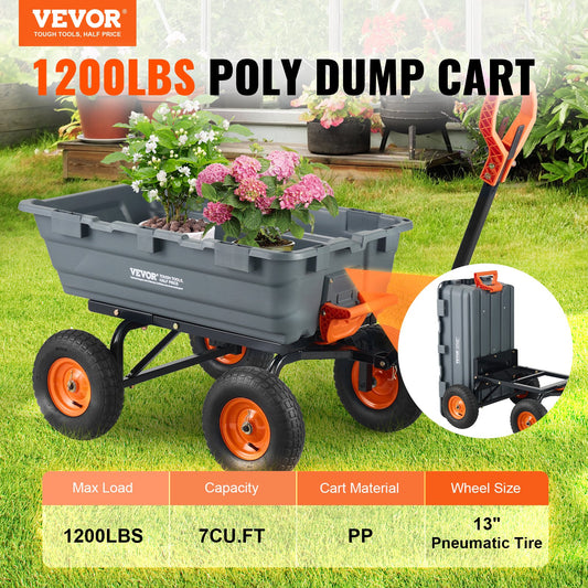 VEVOR Dump Cart, Poly Garden Dump Cart with Easy to Assemble Steel Frame, Dump Wagon with 2-in-1 Convertible Handle, Utility Wheelbarrow 544kg/ 1200lbs Capacity, 33cm/ 13 inch Tires