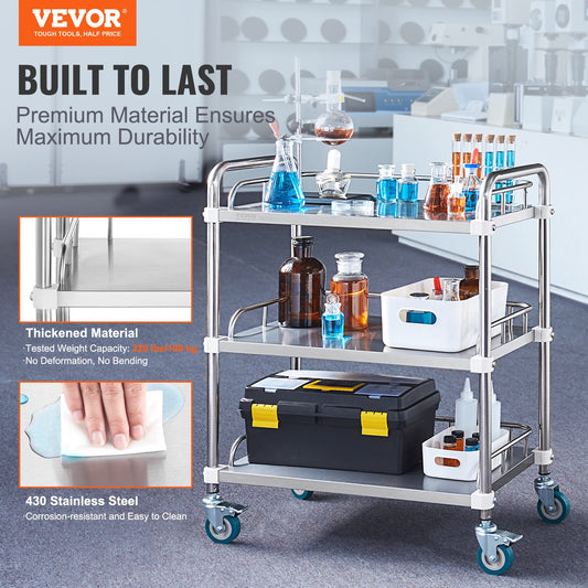 VEVOR Lab Rolling Cart, 3-Shelf Stainless Steel Rolling Cart, Lab Serving Cart with Swivel Casters, Dental Utility Cart for Clinic, Lab, Hospital, Salon, 26.38"x15.55"x34.13"