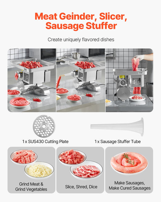 VEVOR Commercial Electric Meat Grinder Slicer 4.99 kg/Min Sausage Stuffer Maker