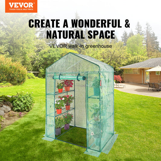 VEVOR Walk-in Green House, 4.6 x 2.4 x 6.7 ft Greenhouse with Shelves, Set Up in Minutes, High Strength PE Cover with Doors & Windows and Steel Frame, Suitable for Planting and Storage, Green