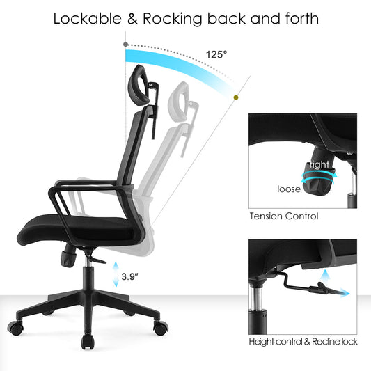 Office chair high back ergonomic swivel computer gaming chair black - Black
