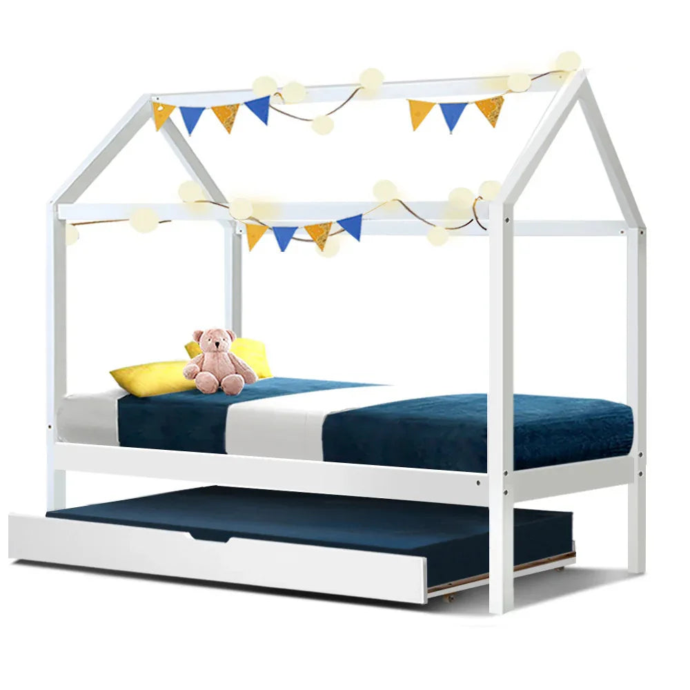 Artiss Bed Frame Wooden Trundle Daybed Kids House Frame White HOLY - Mekamart Australia