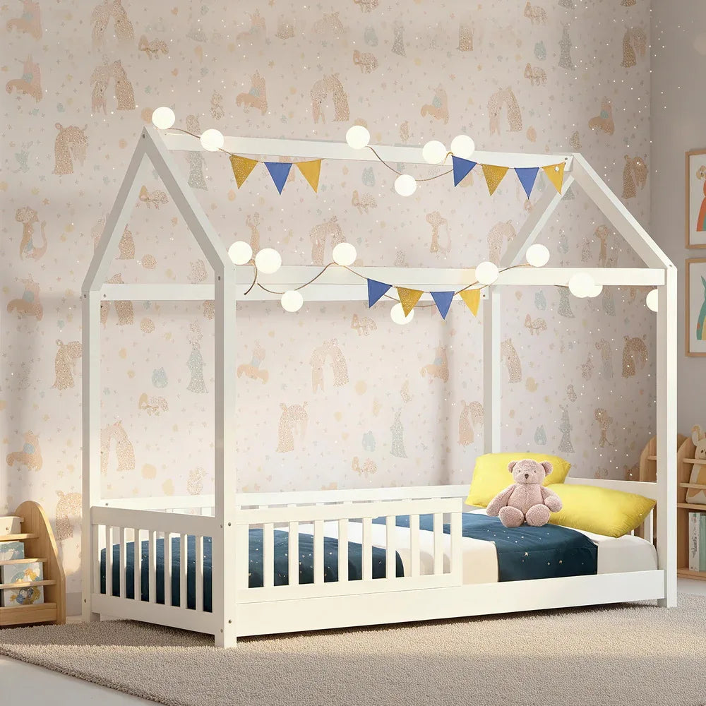 Artiss Bed Frame Wooden Kids House Frame White ROCK - Mekamart Australia