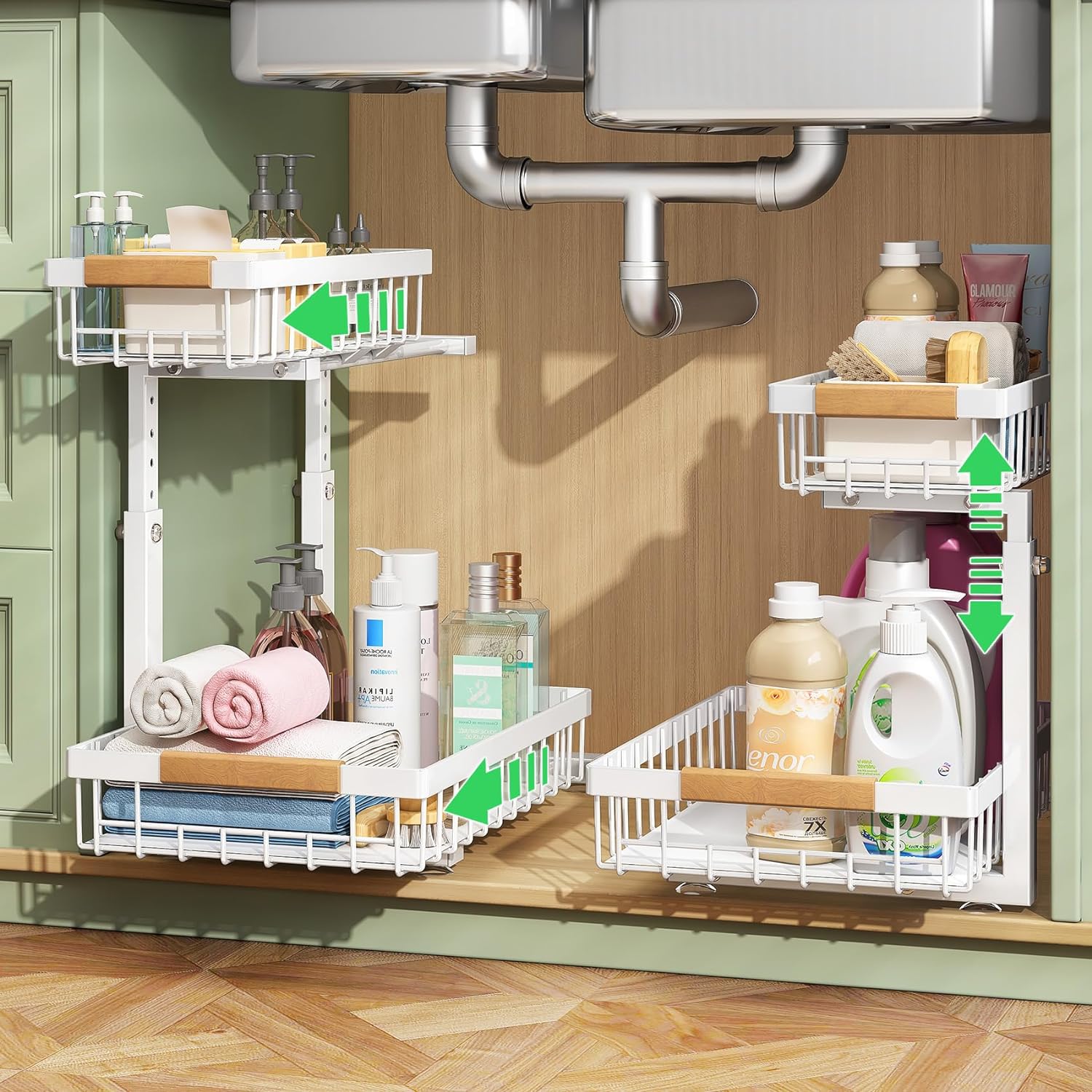 Laundry and cleaning supplies including baskets and tools.