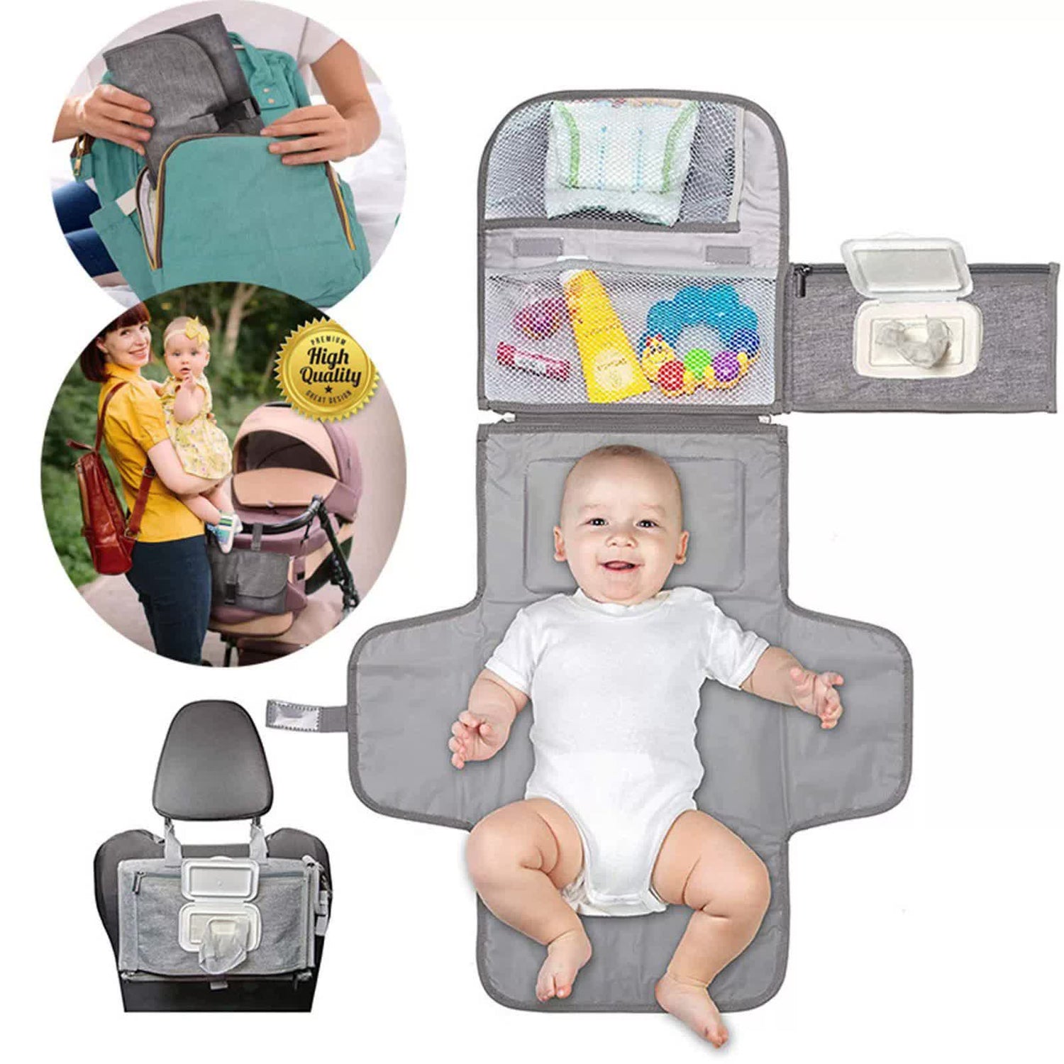"Newborn baby wrapped in a soft blanket surrounded by bottles, pacifier, and baby wipes"