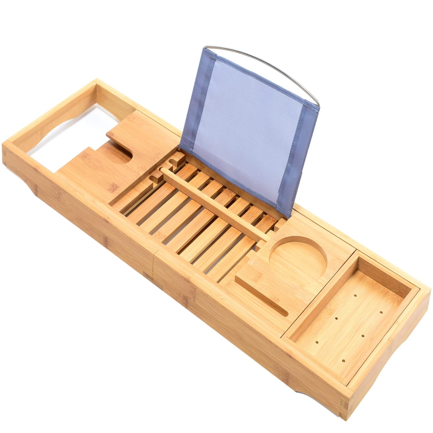 Adjustable bath caddies for tub storage and relaxation.