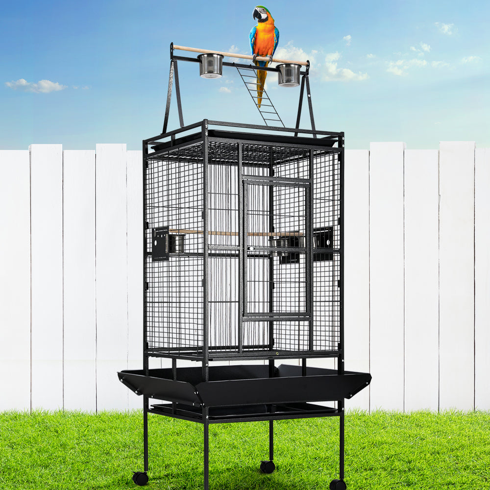 "Colorful birdcage setup with hanging toys, food dishes, and a perch for pet parrots"