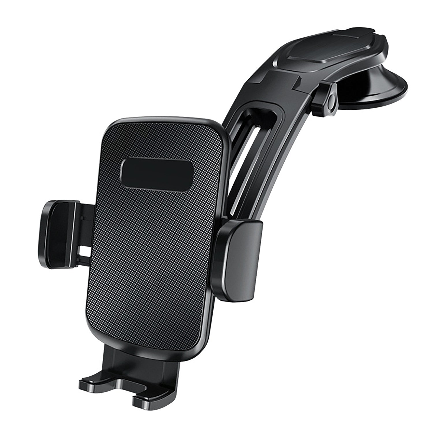 "Car interior with mounted dash cam, Bluetooth transmitter, and phone holder on dashboard"