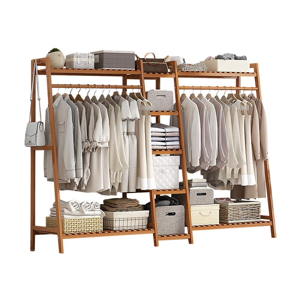 Clothing and wardrobe storage for space-saving organization.