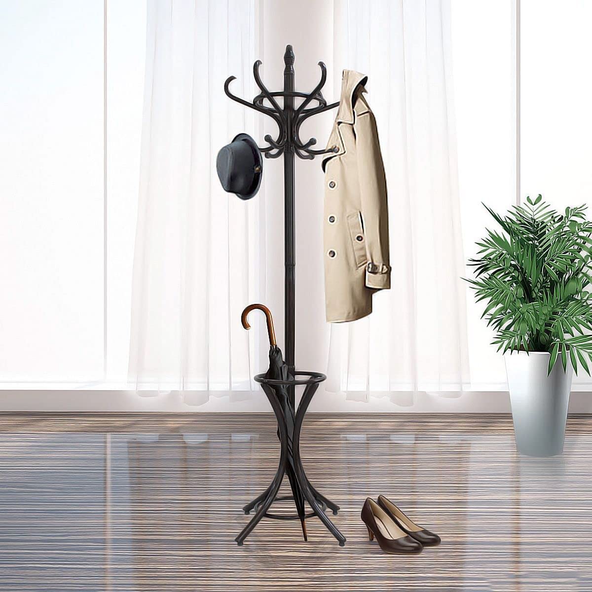 Wooden and metal coat racks for home use.