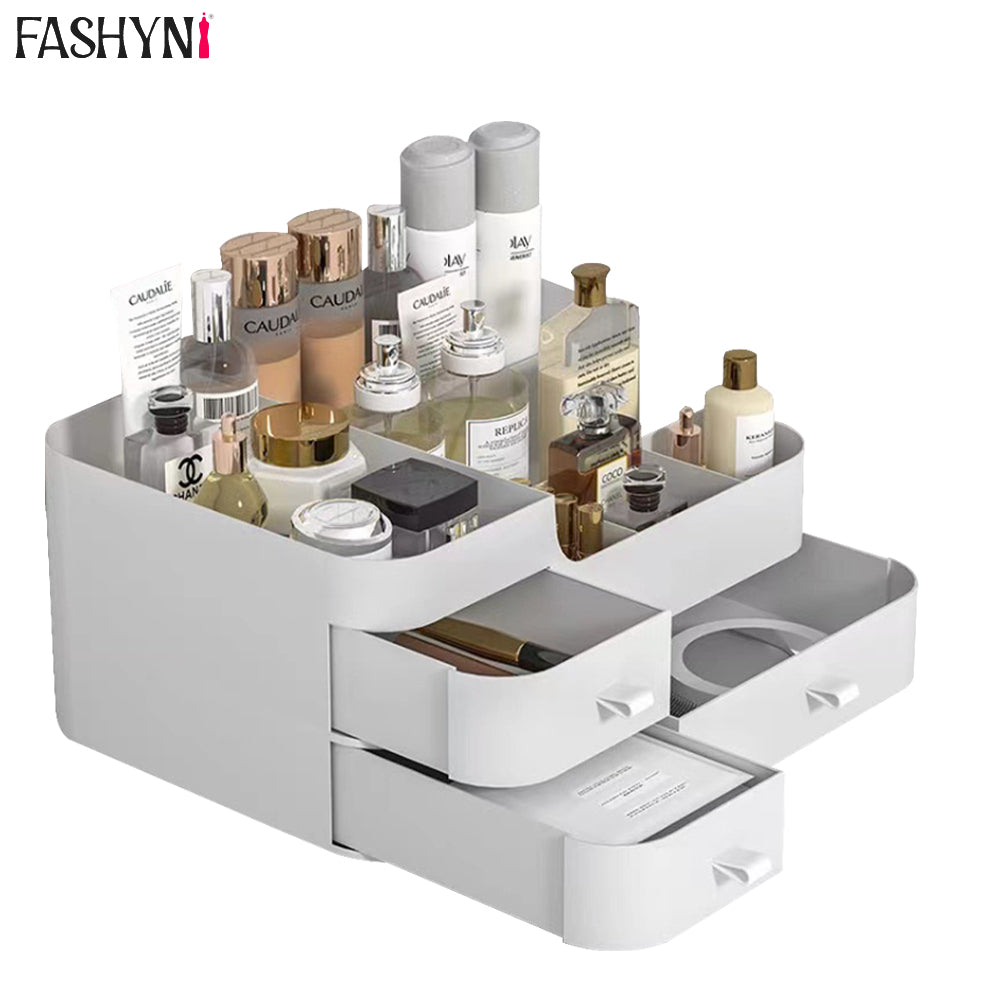 Cosmetic storage organisers for makeup and beauty items.
