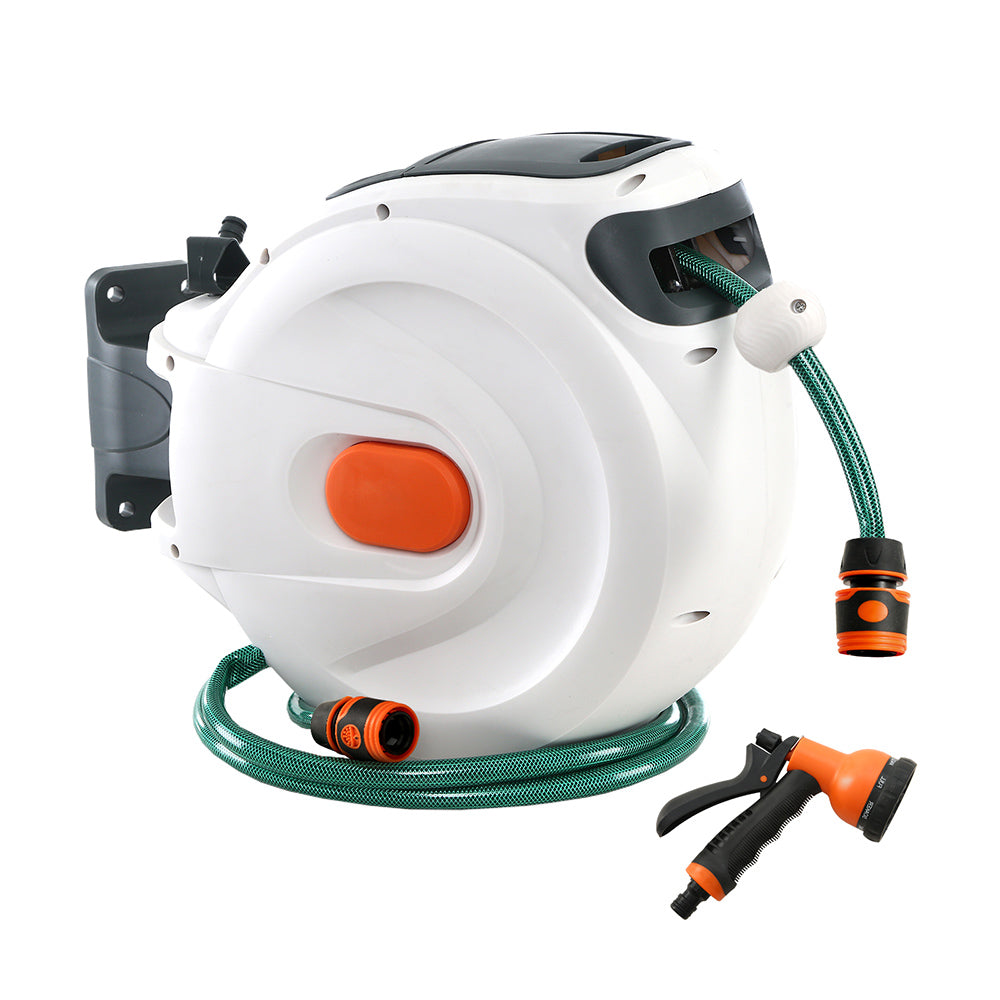 Tangle-free garden hoses with pressure-adjustable nozzles.
