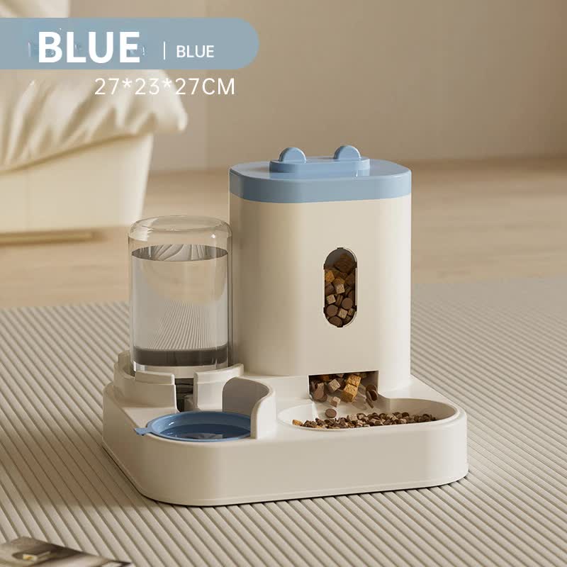 "Stainless steel pet feeding station with water dispenser and food bowl"