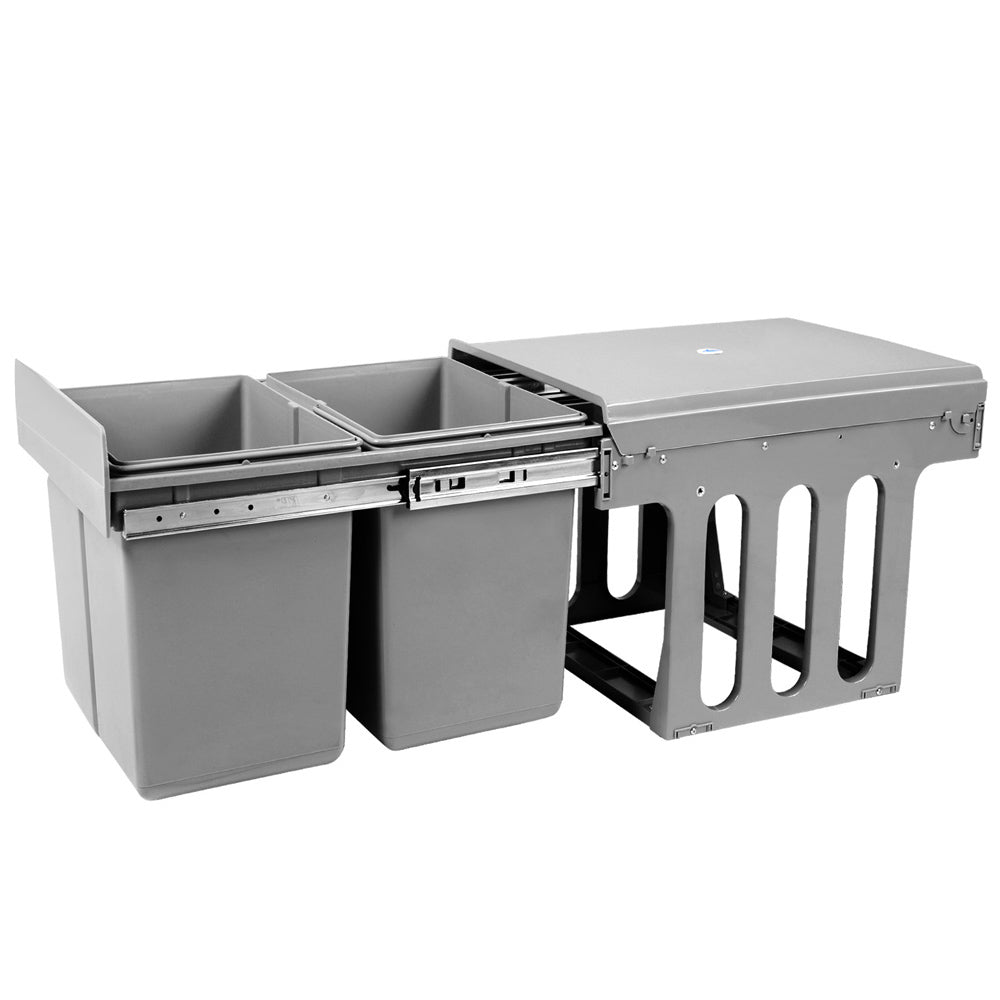 Pull-out kitchen bins for under-sink waste management.