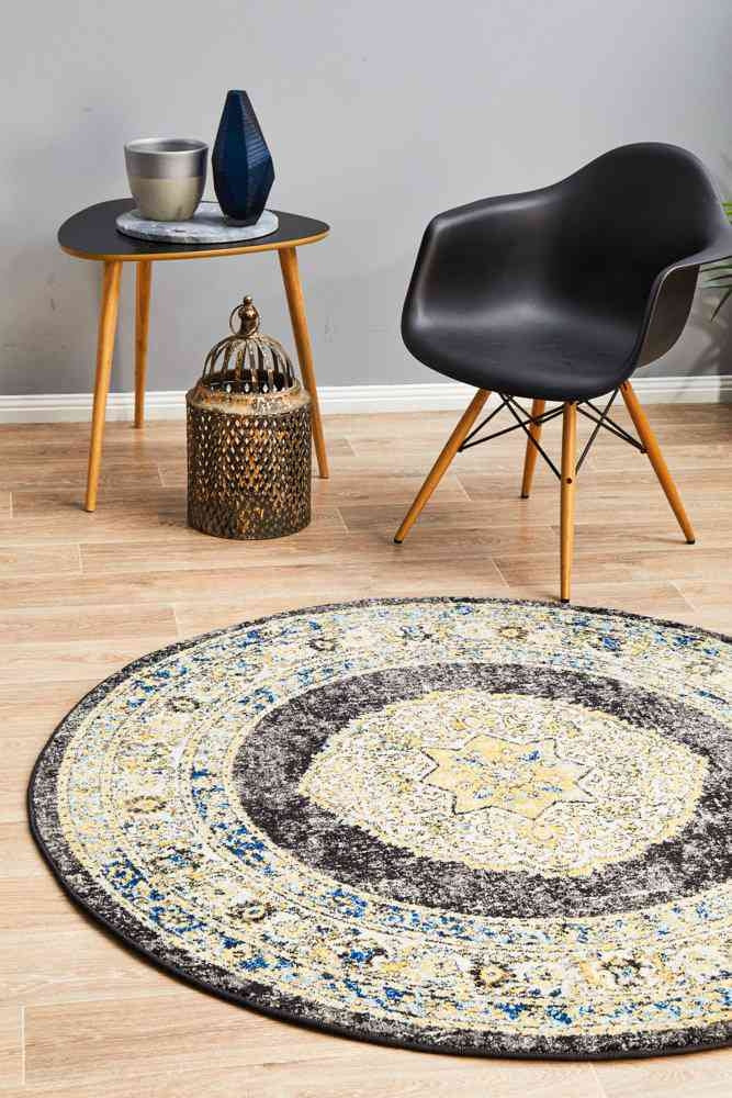 Circular area rugs for accenting indoor spaces.