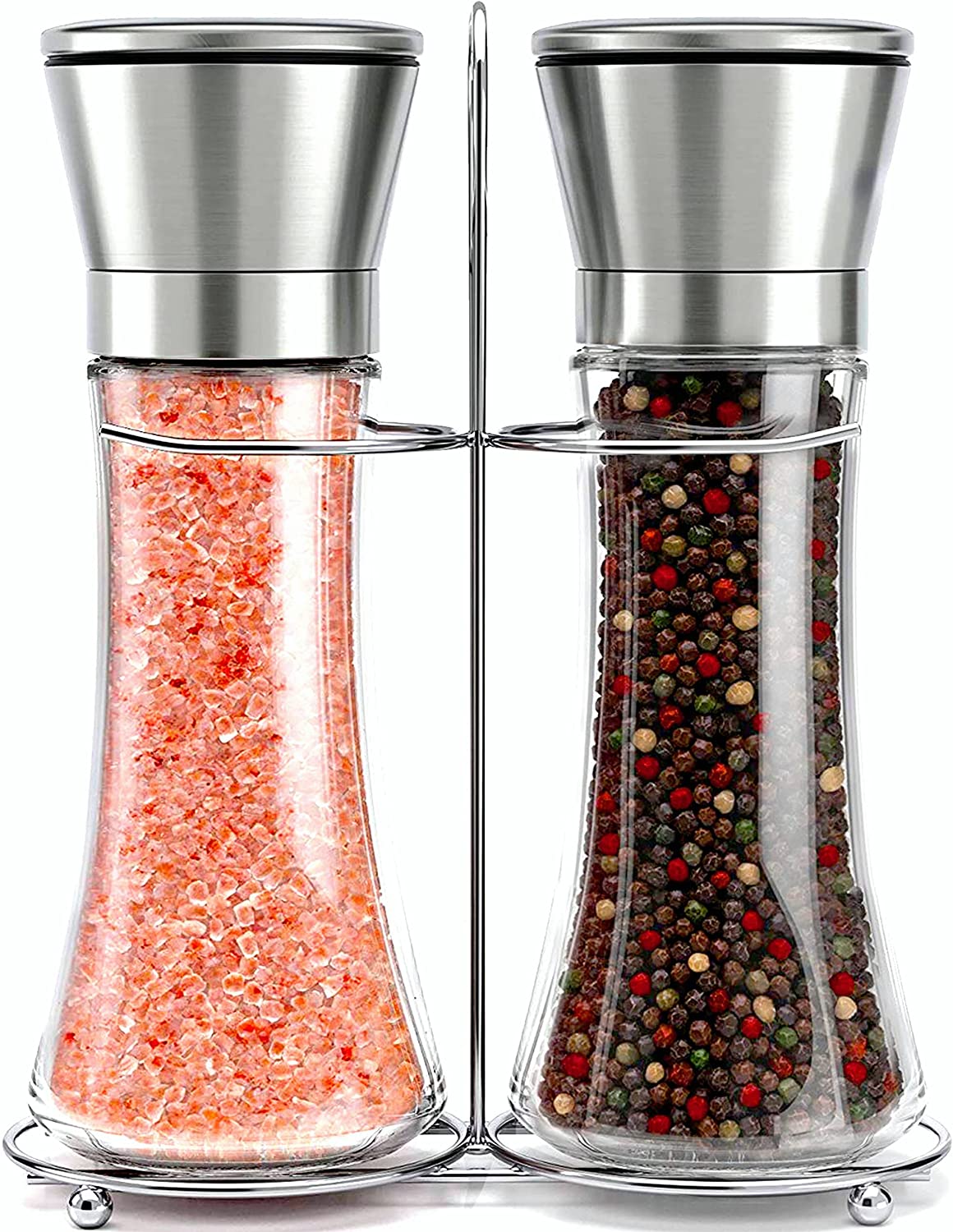 Elegant salt and pepper shakers and grinders for kitchen use.