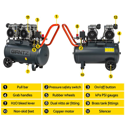 Giantz 50L Air Compressor Quiet 3.0HP Oil-Free Portable Tyre Inflator 200L/Min