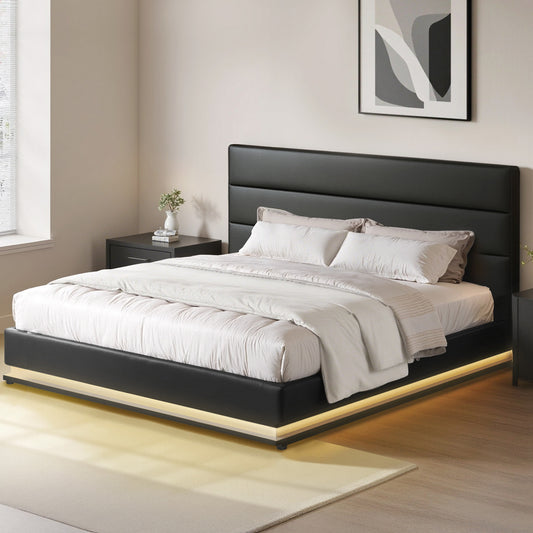 Artiss Bed Frame King Size LED Gas Lift Black LUMI
