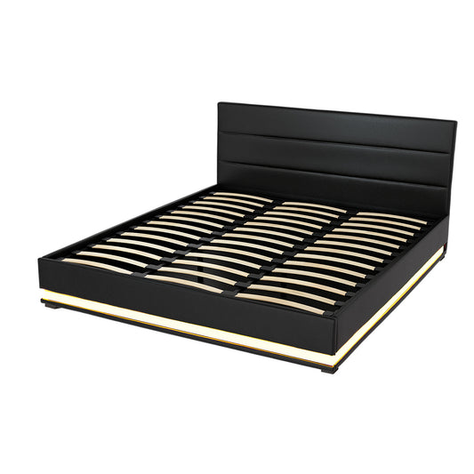 Artiss Bed Frame King Size LED Gas Lift Black LUMI