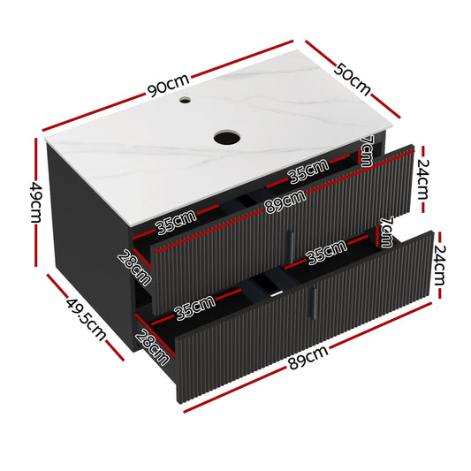 Cefito Vanity Unit 900mm Bathroom Cabinet Storage Wall Hung Black Timber Front