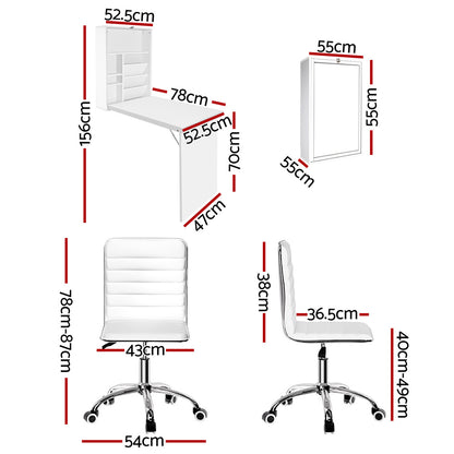 Artiss Computer Desk Office Chair Set PU Leather Wall Mount Foldable Table White