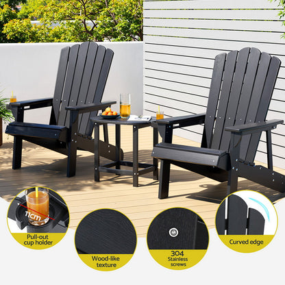 Gardeon Outdoor Table and Chairs HDPE Adirondack Beach Chair Sun Lounge Patio Furniture Garden Black