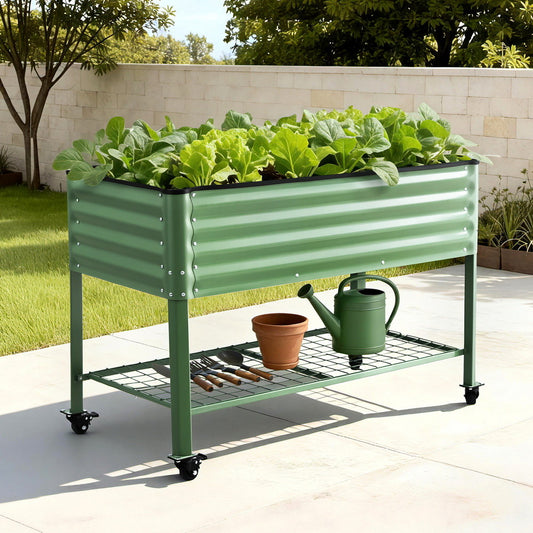 Green Fingers Elevated Raised Garden Bed Kit Mobile w/ Locking Wheels & Storage Shelf 100KG Max Load 115x60x81cm | Galvanized Steel, Portable Green Organizer for Seniors, Patio, Balcony, Vegetables