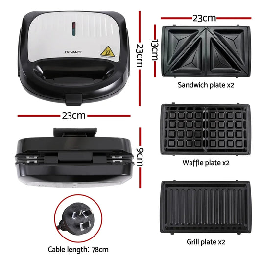 Devanti 3-in-1 Sandwich Press Waffle Maker Panini Press Grill 850W - Mekamart Australia