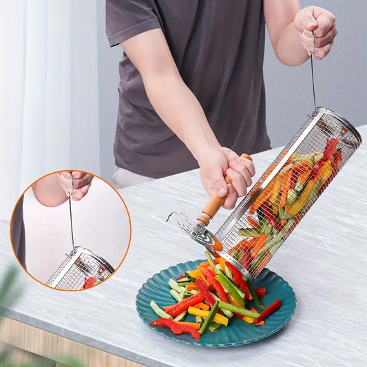 2-Pack Stainless Steel Rotating Grill Baskets with Removable Wooden Handle – Durable 304 Mesh for Veggies, Prawns & More – Perfect for BBQ, Camping & Outdoor Cooking, Great Gift for Dad or Husband