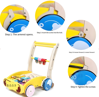 Wooden Baby Walker with Hammer-Action Xylophone – Push-Activated Musical Learning Toy for 6–18 Months (Yellow)