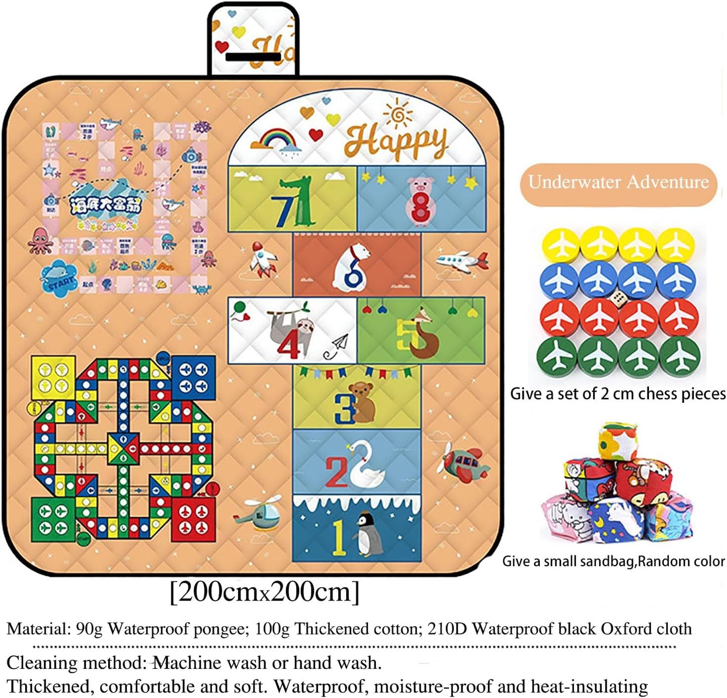 Waterproof Picnic Blanket with Flying Chess Game: 80''x80'' Extra Large, Foldable for Australian Camping, Beach & Family Gatherings