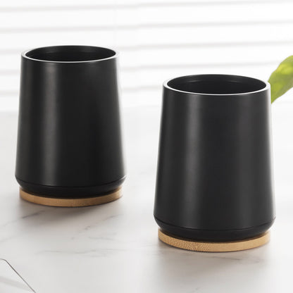 Plastic Toothbrush Cup with Bamboo Base Household Bathroom Essential-Black