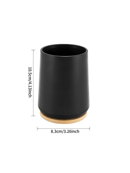 Plastic Toothbrush Cup with Bamboo Base Household Bathroom Essential-Black