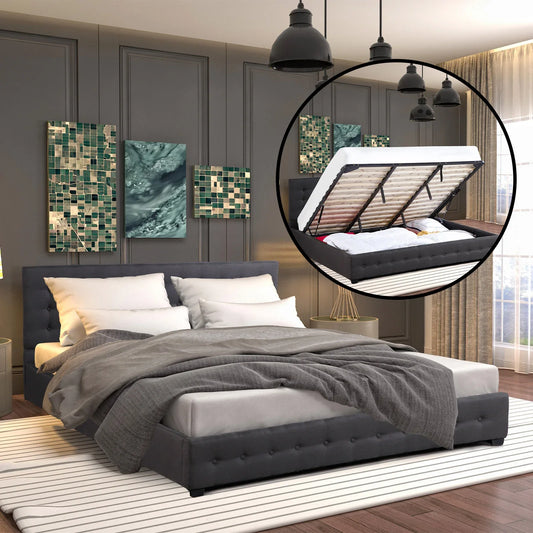 Milano Decor Eden Gas Lift Bed With Headboard Platform Storage Dark Grey Fabric - Single - Dark Grey - Mekamart Australia