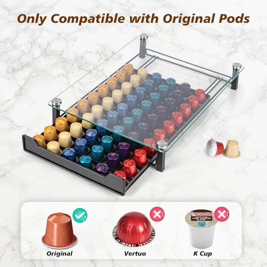CARLA HOME 60 Coffee Pod Holder Drawer with Tempered Glass Capsule Organizer for Nespresso Pods and Sliding Drawer for Kitchen Countertop - Mekamart Australia