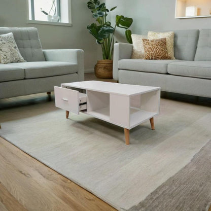 White Coffee Table Storage Drawer & Open Shelf With Wooden Legs