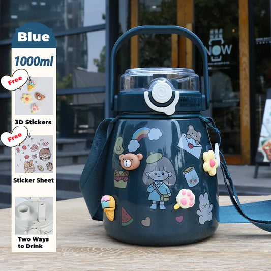 1000ml Large Water Bottle Stainless Steel Straw Water Jug with FREE Sticker Packs (Blue) - Mekamart Australia