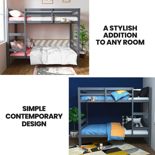 KINGSTON SLUMBER Single Bunk Bed Frame, Solid Pine 2-in-1 Modular Design, Converts to 2 Single Beds, For Kids, Grey - Mekamart Australia
